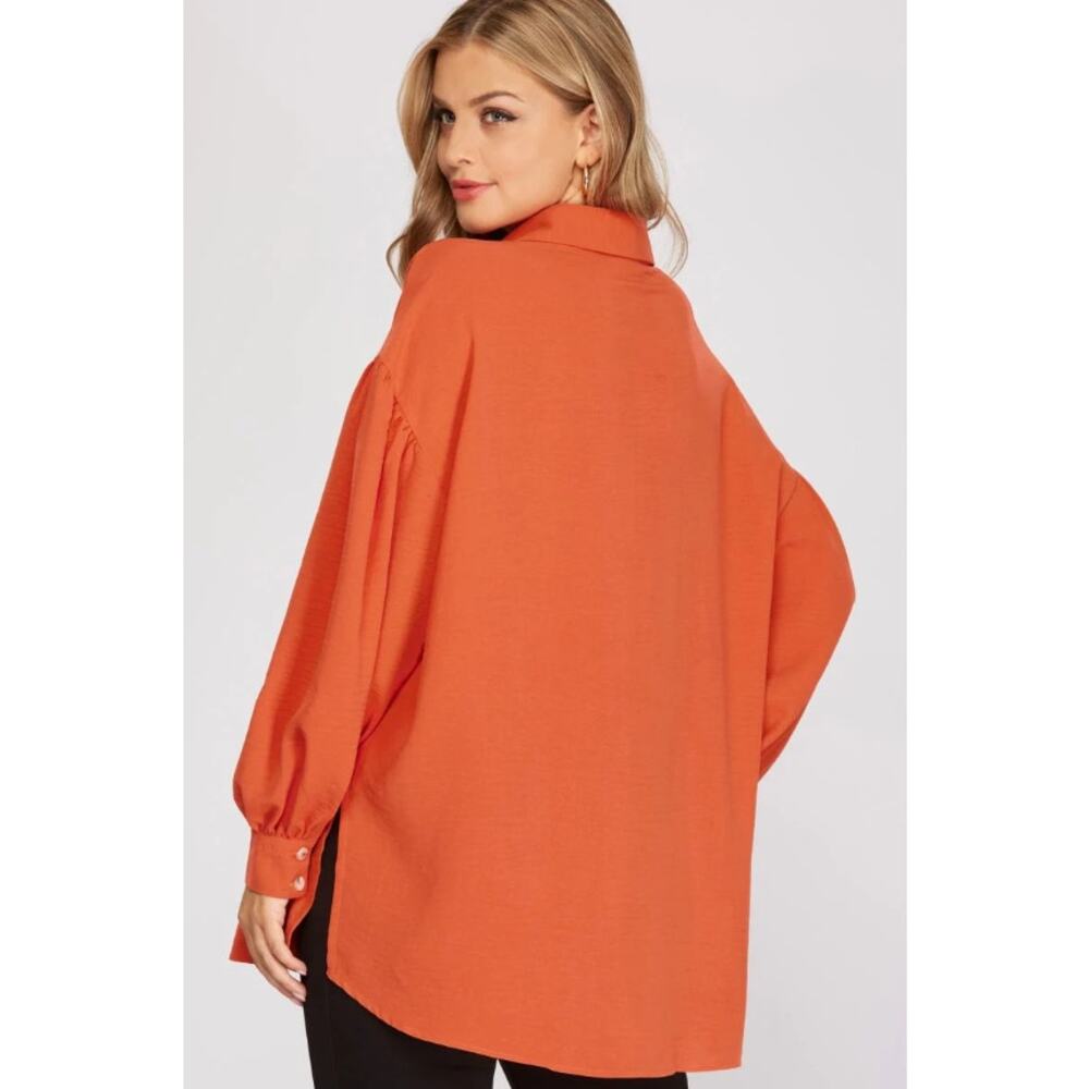 Rust Button Down Blouse Balloon Sleeve Flowy Top Size Small - Picture 2 of 3